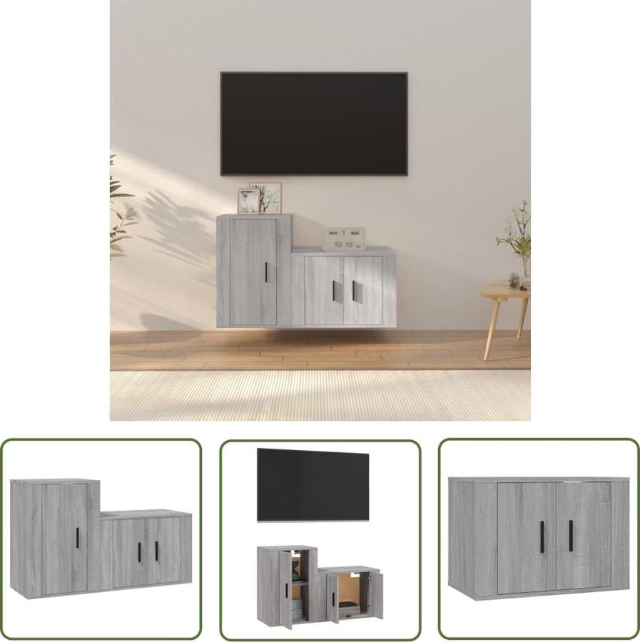 The Living Store Televisiekastenset Grijs Sonoma Eiken 57 x 34.5 x 40 cm en 40 x 34.5 x 60 cm Wandgemonteerd ontwerp Televisiesecretaris Tv Kast Salontafel Houten Tv-kast Grijze Tv-kast - Foto 2