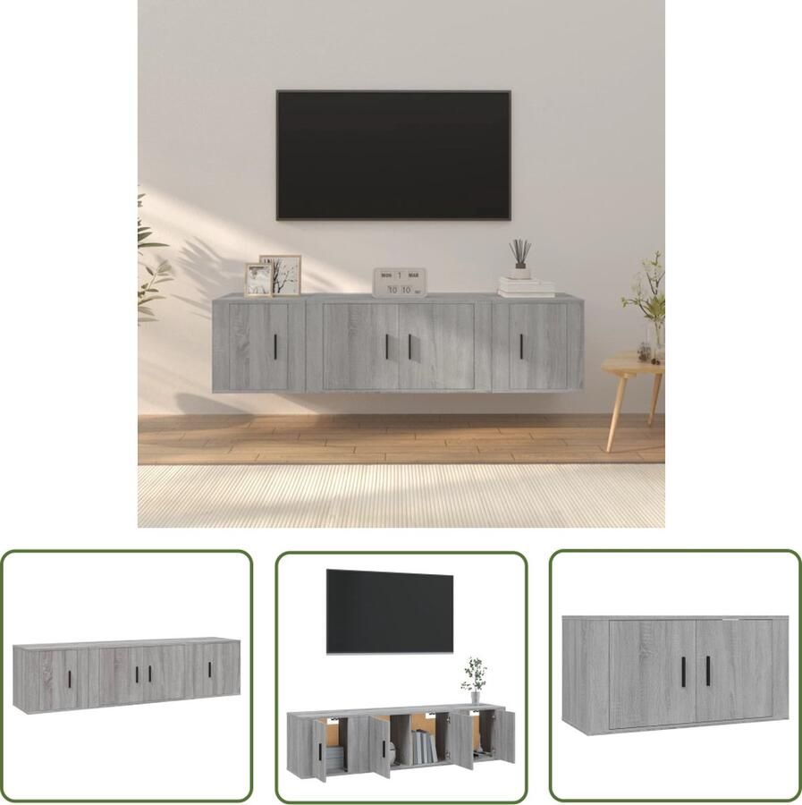 The Living Store vidaXL Tv Kast Televisiesecretaris 3-delige Tv-meubelset bewerkt hout grijs sonoma eikenkleurig Salontafel Houten Tv Stand Grijze Tv Tafel - Foto 2