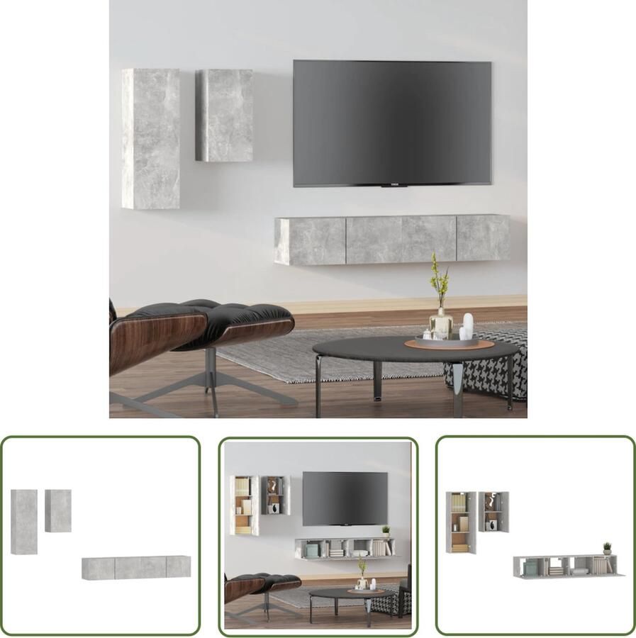 The Living Store Televisiemeubelset Betongrijs Klassiek design Wandgemonteerde functie Hoge kwaliteit hout Voldoende opbergruimte Inclusief montagehandleiding - Foto 2