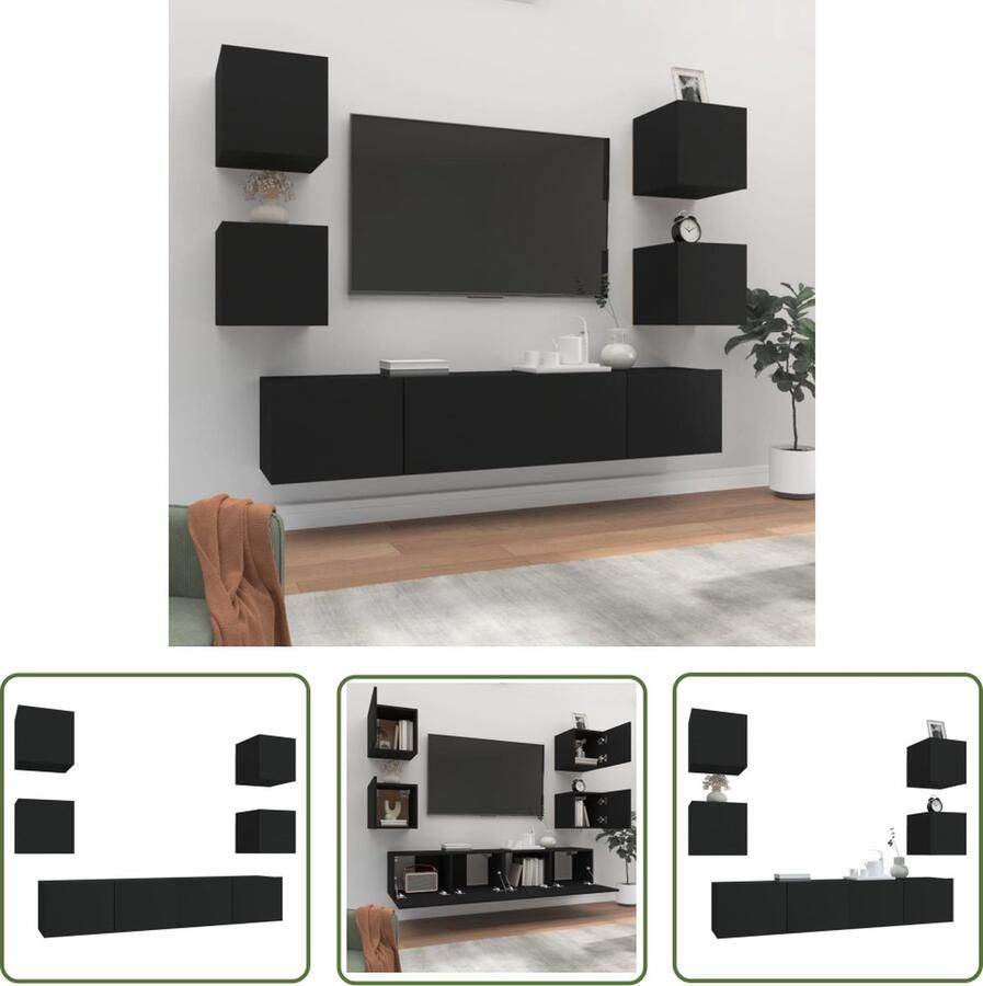 The Living Store Televisiemeubel Set Zwart 80 x 30 x 30 cm 30.5 x 30 x 30 cm Televisiesecretaris Tv Kast Wandmontage Houten Tv Tafel Tv Meubelset - Foto 2