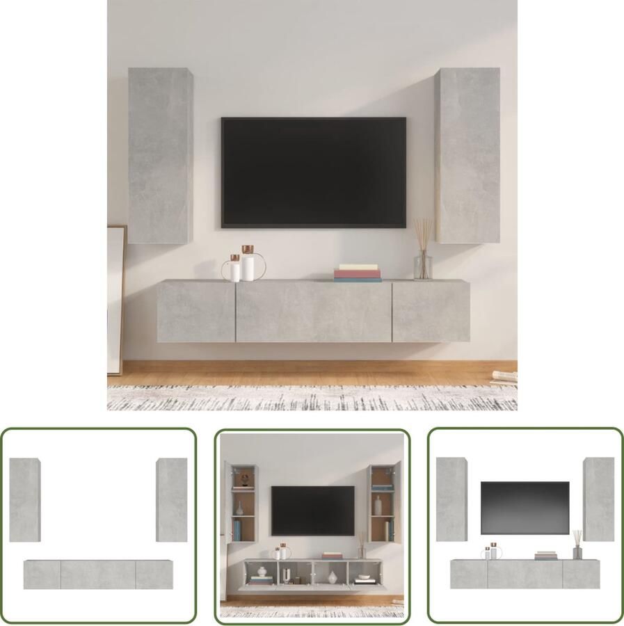 The Living Store Televisiemeubelset betongrijs 2x 80x30x30cm 2x 30.5x30x90cm bewerkt hout Televisiesectie Tv Kast Wandmontage Houten Tv Stand Beton Grijs - Foto 2