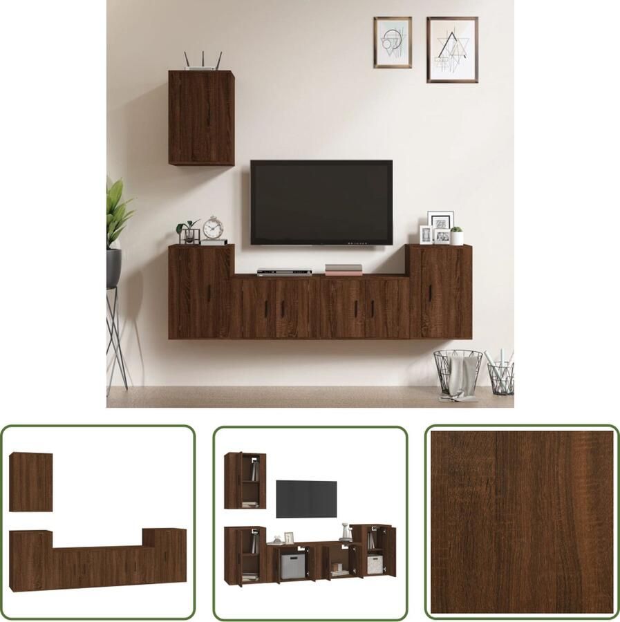 The Living Store Televisiekastenset Trendy Bruineiken 2x 57x34.5x40cm 3x 40x34.5x60cm Televisiesectie Tv Kast Houten Tv Stand Bruin Tv Meubel Salontafel - Foto 2