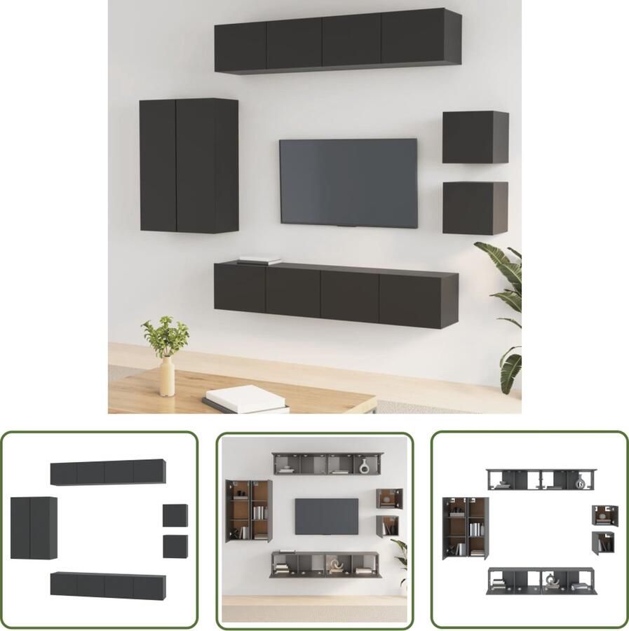 The Living Store vidaXL Tv Kast Televisiesectie 8-delige Tv-meubelset bewerkt hout zwart Houten Meubilair Wandmontage Opbergruimte - Foto 2