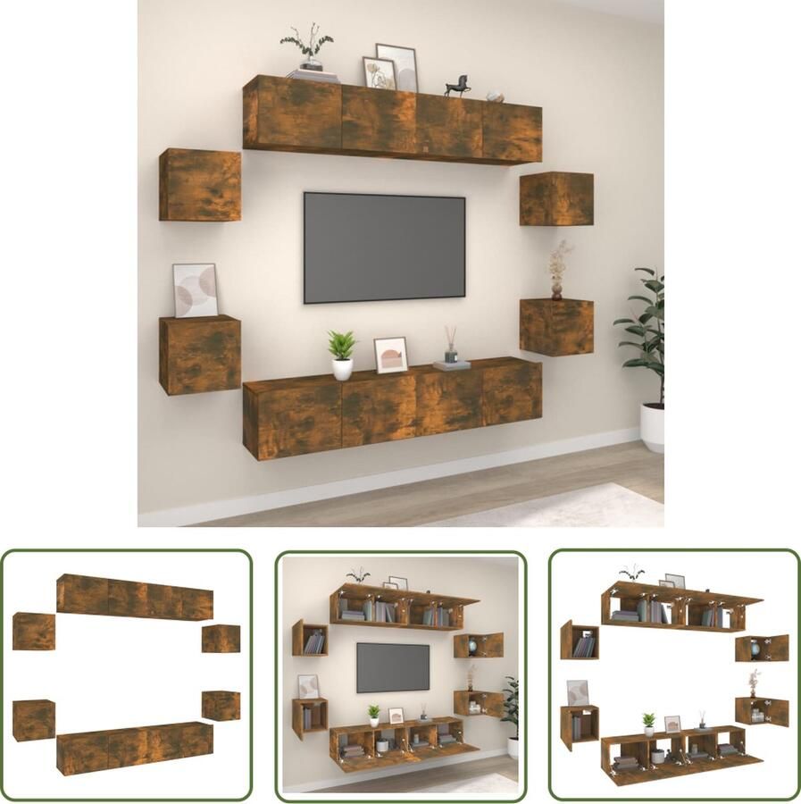 The Living Store Televisiemeubelset Gerookt eiken 8 stuks Verschillende afmetingen Televisieserie Tv Kast Wandmontage Houten Tv Stand Bruine Tv Kast - Foto 2