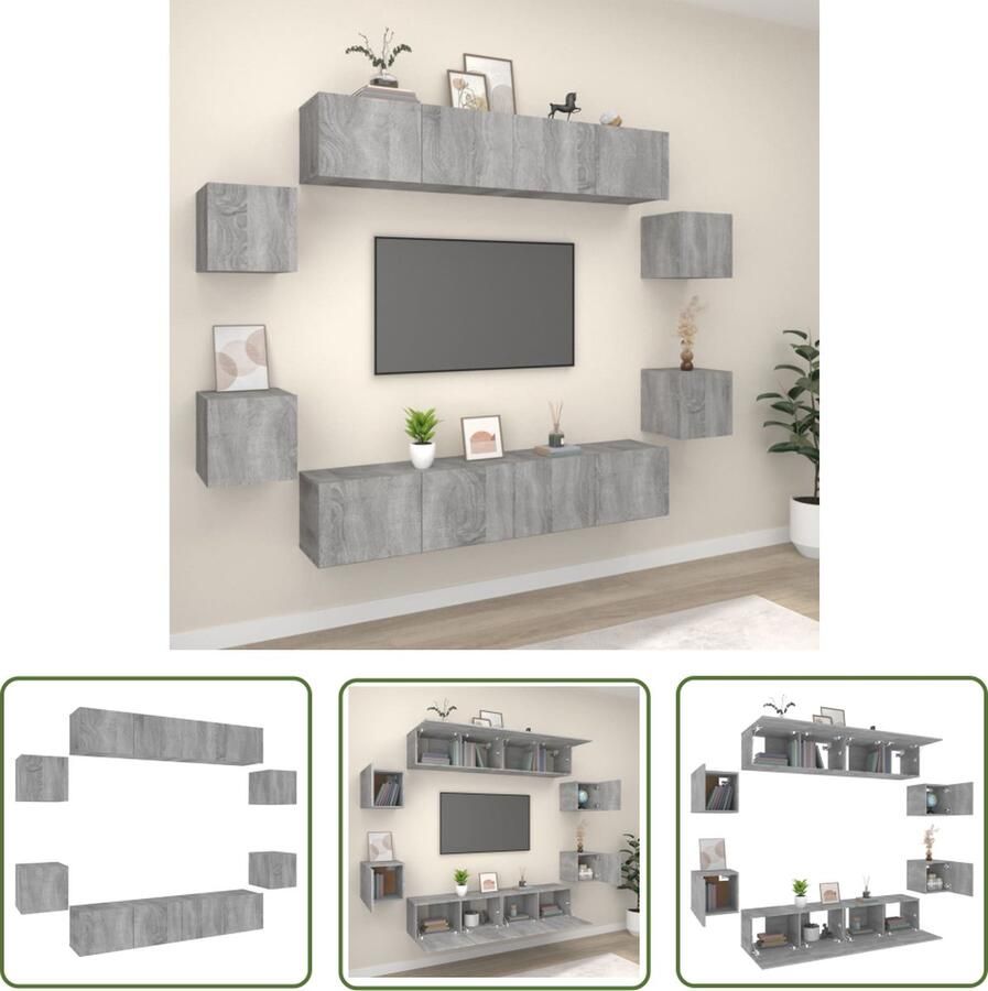 The Living Store vidaXL Tv Kast Televisieserie 8-delige Tv-meubelset bewerkt hout grijs sonoma eikenkleurig Salontafel Houten Tv Stand Wandmontage - Foto 2