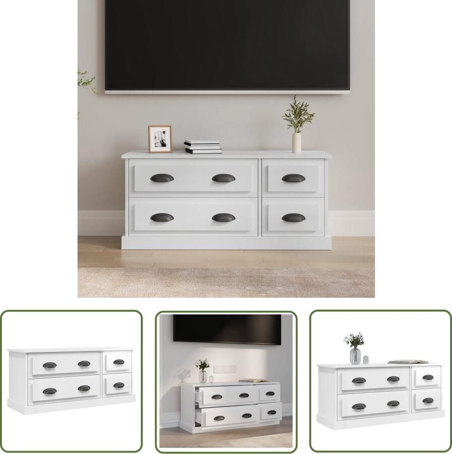 The Living Store vidaXL Tv-meubel 100x35 5x45 cm bewerkt hout hoogglans wit Tv-meubel Tv Kast Media Kast Houten Tv-meubel Wit Tv-meubel - Foto 2