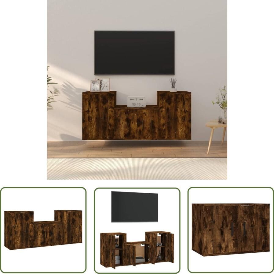 The Living Store TV-meubelset Gerookt eiken 1x tv-meubel- 57x34.5x40cm 2x tv-meubel- 40x34.5x60cm TV-meubel Tv Kast Houten Tv-kast Bruine Tv-kast Salon Meubilair - Foto 2