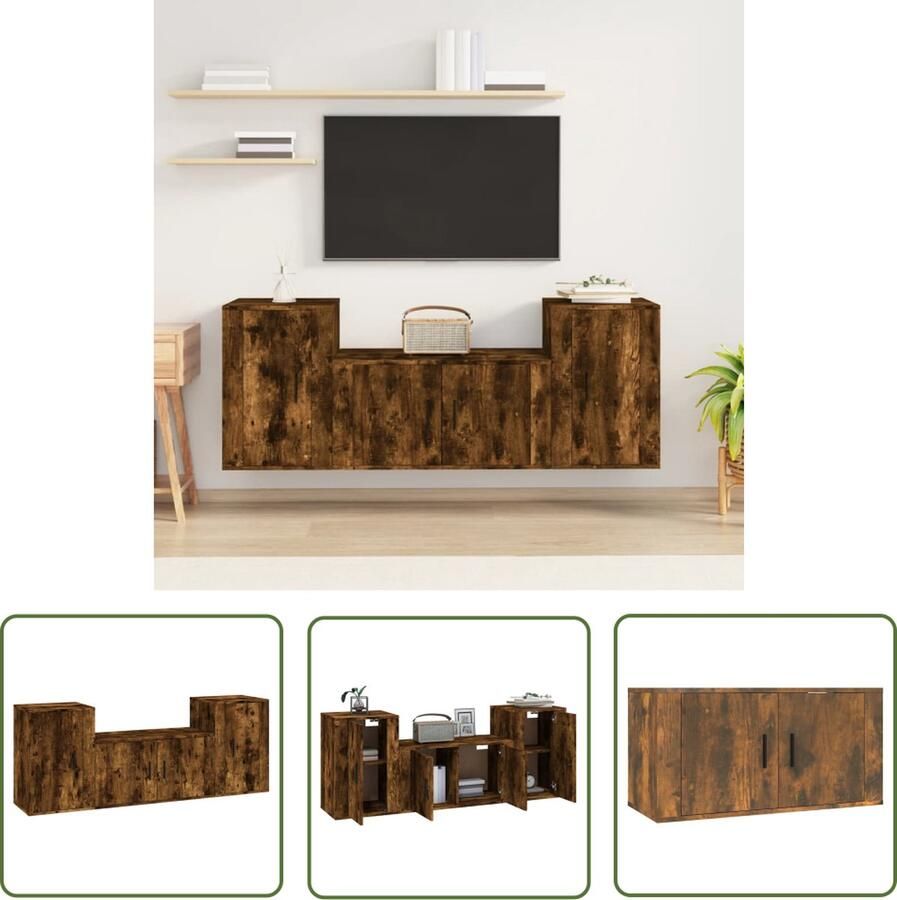 The Living Store TV-meubelset Modern Gerookt Eiken 1x 80 x 34.5 x 40 cm 2x 40 x 34.5 x 60 cm TV-meubel Tv Kast Houten Tv-meubel Landelijke Tv-kast Bruine Tv-kast - Foto 2