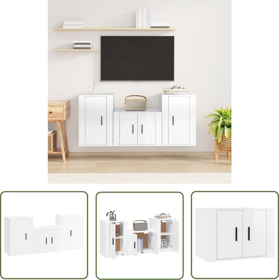 The Living Store TV-meubel Set Hoogglans Wit Klassiek Design 57x34.5x40cm 2x40x34.5x60cm TV Meubel Tv Kast Salontafel Houten Tv Stand Modern Tv Meubel - Foto 2