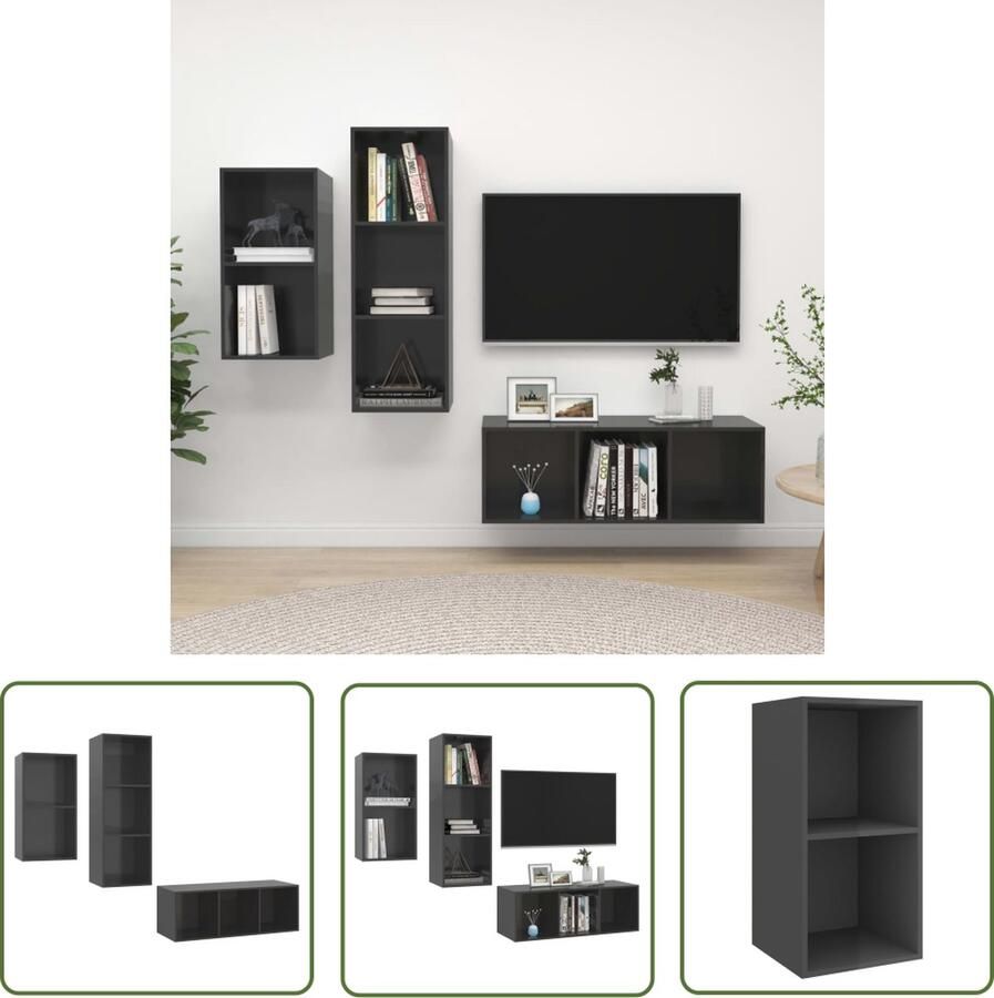 The Living Store Tv-meubelset Hoogglans grijs 37 x 37 x 72 cm 37 x 37 x 107 cm Spaanplaat Tv-meubel Tv-kast Salontafel Houten Tv-meubel Media-console - Foto 2