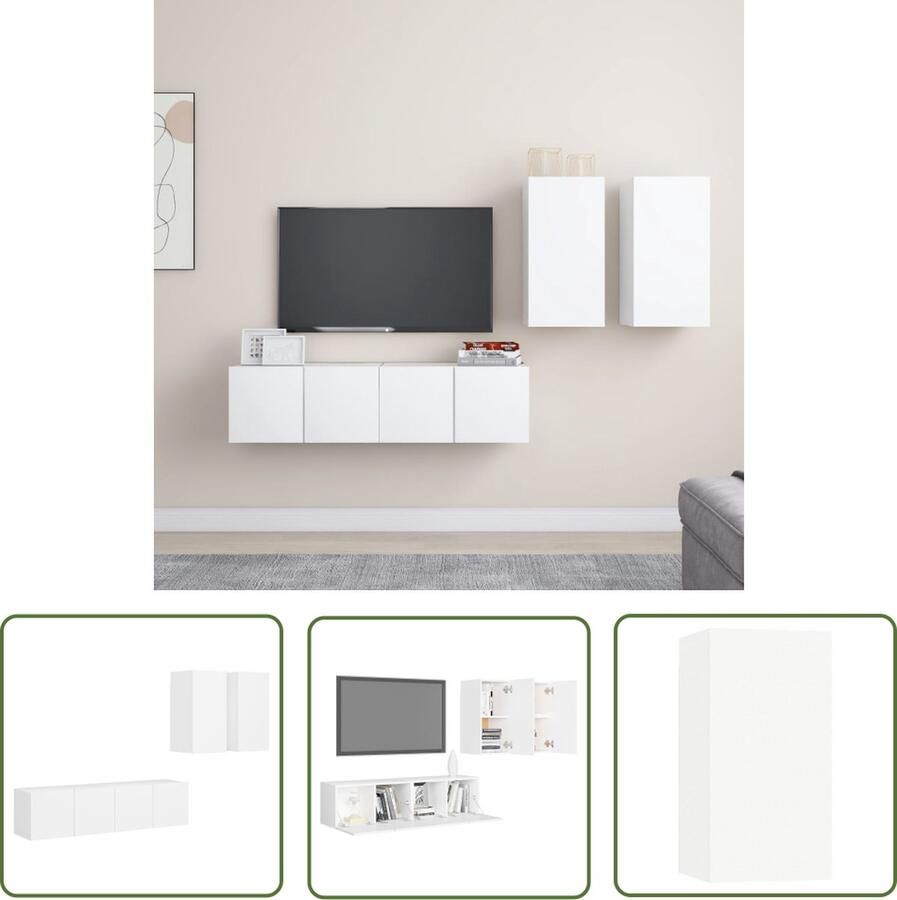 The Living Store vidaXL Tv-kast Tv-meubel 4-delige Tv-meubelset bewerkt hout wit Wandmontage Houten Tv-standaard Salontafel - Foto 2