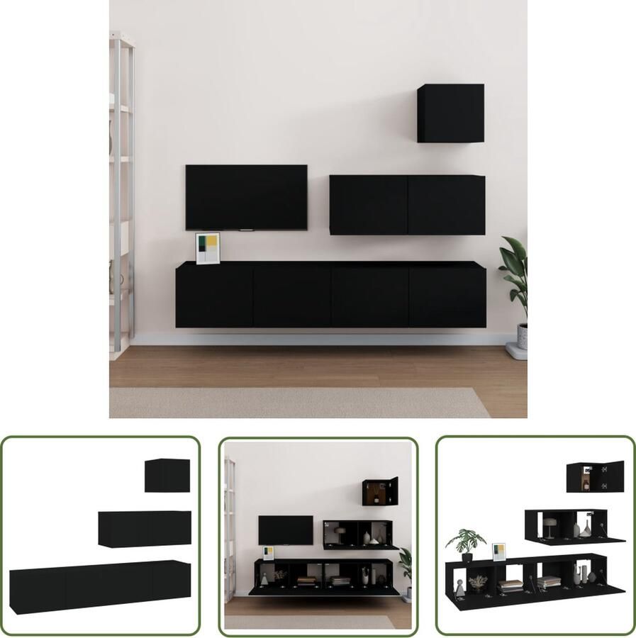 The Living Store TV-meubelset bewerkt hout zwart 30.5x30x30cm 80x30x30cm TV-meubel Tv Kast Houten Tv-meubel Wandmontage Tv-meubel Salon Meubilair - Foto 2
