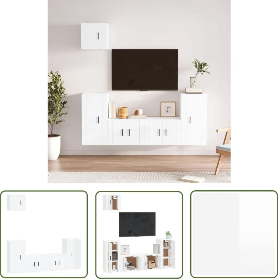 The Living Store TV-meubelset Classic Hoogglans wit 2 x 57x34.5x40 cm 2 x 40x34.5x80 cm 1 x 40x34.5x40 cm Tv Meubel Tv Kast Salon Meubilair Houtsoort Wit Meubel - Foto 2
