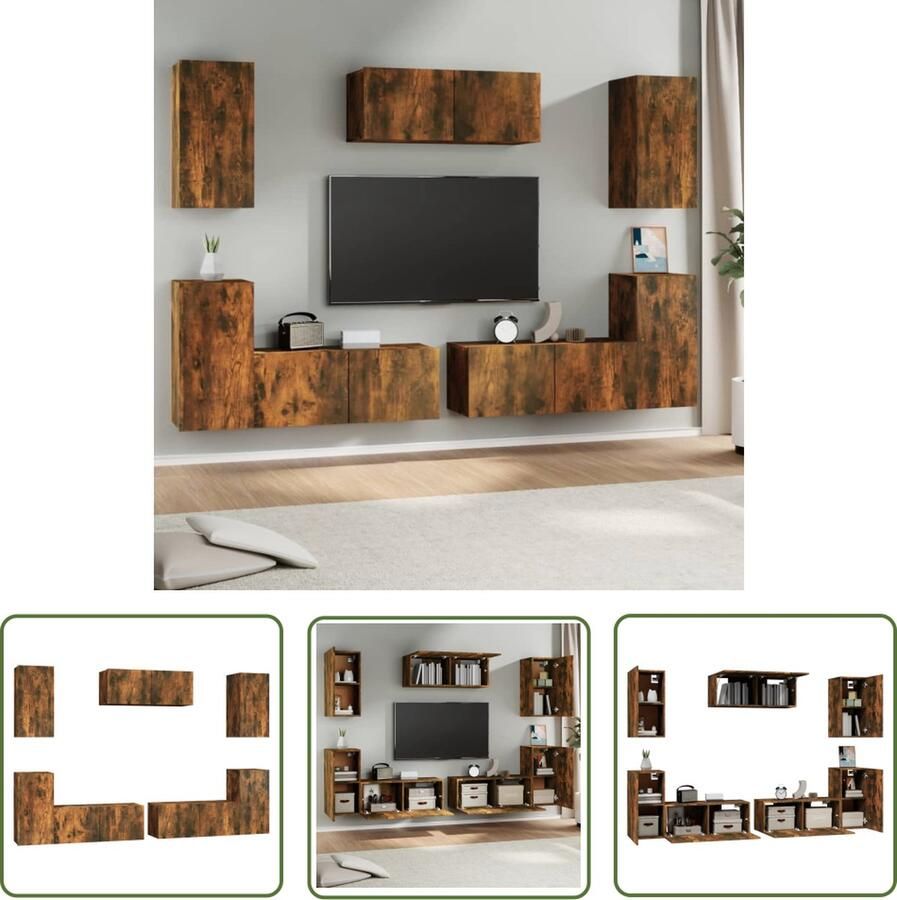 The Living Store vidaXL Tv Kast TV Meubel Set 7-delige Tv-meubelset bewerkt hout gerookt eikenkleurig Wandmontage Houten Meubilair Bruine Tv Stand - Foto 2