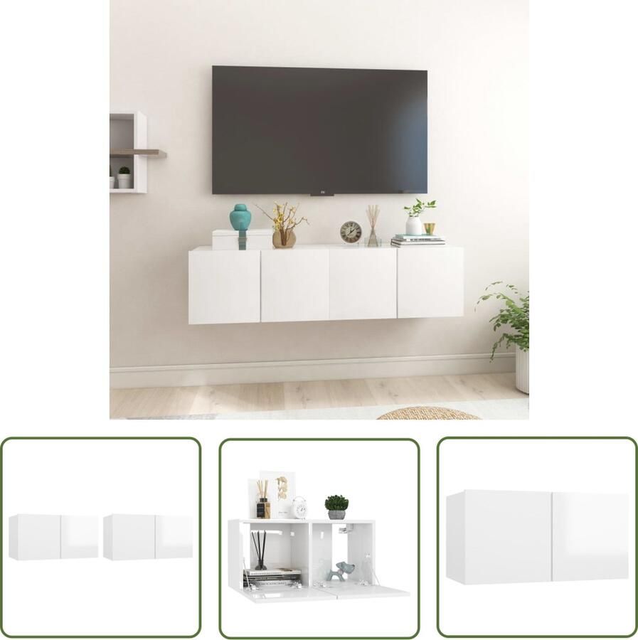 The Living Store Hangend Tv-meubel Hoogglans wit 60 x 30 x 30 cm 2 vakken Bewerkt hout Tv Meubel Tv Kast Wandmontage Houten Tv Kast Witte Tv Kast - Foto 2