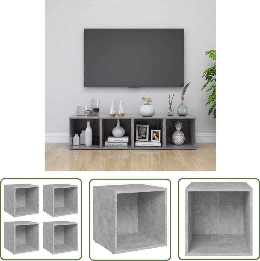 The Living Store vidaXL Tv-kast Tv-meubel Tv-meubelen 4 st 37x35x37 cm bewerkt hout betongrijs Houten Tv-meubel Betonnen Tv-meubel Livingroom Furniture - Foto 2