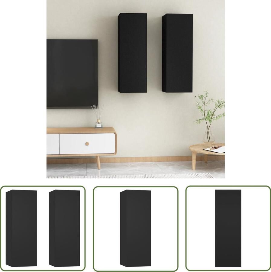The Living Store vidaXL Tv-kast Tv-meubel Tv-meubels 2 st 30 5x30x90 cm bewerkt hout zwart Wandmeubel Houtsoort Zwarte Tv-kast - Foto 2