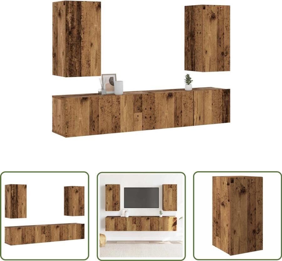 The Living Store vidaXL Tv-wandkasten 4 st bewerkt hout oud houtkleurig Tv Meubel Tv Kast Wandkast Houten Tv Kast Media Kast
