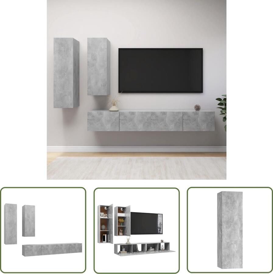 The Living Store Hangende tv-kasten televisiemeubelset betongrijs spaanplaat vakken 30.5 x 30 x 110 cm 30.5 x 30 x 90 cm 100 x 30 x 30 cm Tv-meubelset Tv-kast Wandmontage Betongrijs Spaanplaat - Foto 2