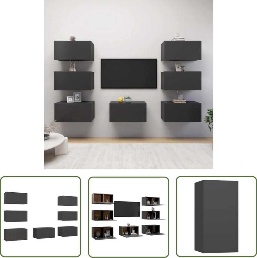 The Living Store vidaXL Tv Kasten Set Wandtv Meubilair Tv-meubelen 7 st 30 5x30x60 cm bewerkt hout grijs Houten Tv Stand Grijze Tv Kast Living Room Furniture - Foto 2