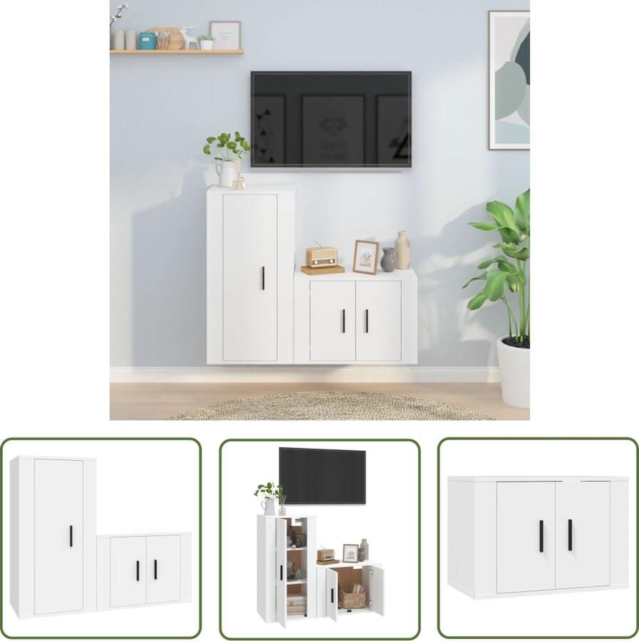 The Living Store Televisiekastenset Klassiek design Stevig bewerkt hout Voldoende opbergruimte Wandgemonteerd Wit 57x34.5x40 40x34.5x80 cm Televisiesectie Tv Kasten Houten Tv Stand Witte Tv Kast Wandmontage Tv Kast - Foto 2