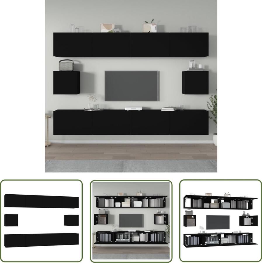 The Living Store Televisiekastenset Klassiek TV-meubels 100 x 30 x 30 cm 30.5 x 30 x 30 cm Zwart bewerkt hout Televisiesectie Tv Kasten Houten Tv Stand Wandmontage Tv Zwarte Tv Kast - Foto 2
