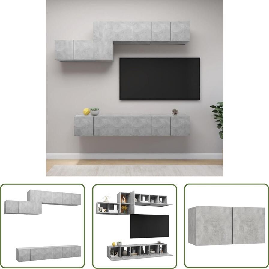 The Living Store TV Meubelset Betongrijs 6x 60x30x30cm + 1x 30.5x30x60cm Spaanplaat Tv Meubels Tv Kasten Media Kast Living Room Furniture Beton Grijs - Foto 2