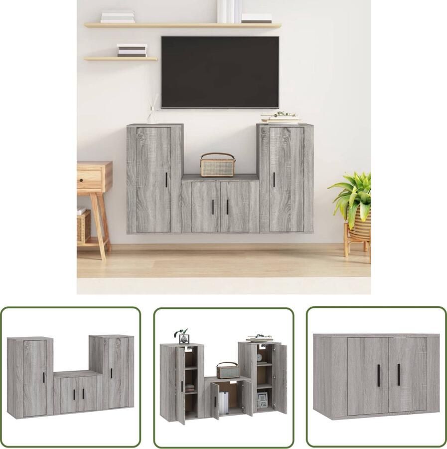 The Living Store TV-meubelset Wandgemonteerd 1x 57x34.5x40 cm 2x 40x34.5x80 cm Grijs Sonoma Eiken Tv-meubel Tv-kastenset Grijze Tv-meubel Houten Tv-meubel Wandmontage Tv-meubel - Foto 2