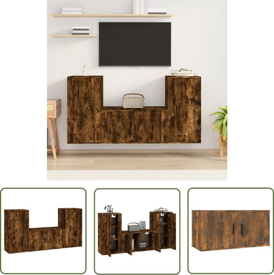 The Living Store Klassieke televisiekastenset Gerookt eiken 80 x 34.5 x 40 cm 40 x 34.5 x 80 cm Klassieke Tv Kast Tv Meubel Houten Tv Kast Bruine Tv Kast Wandmontage Tv Kast - Foto 2