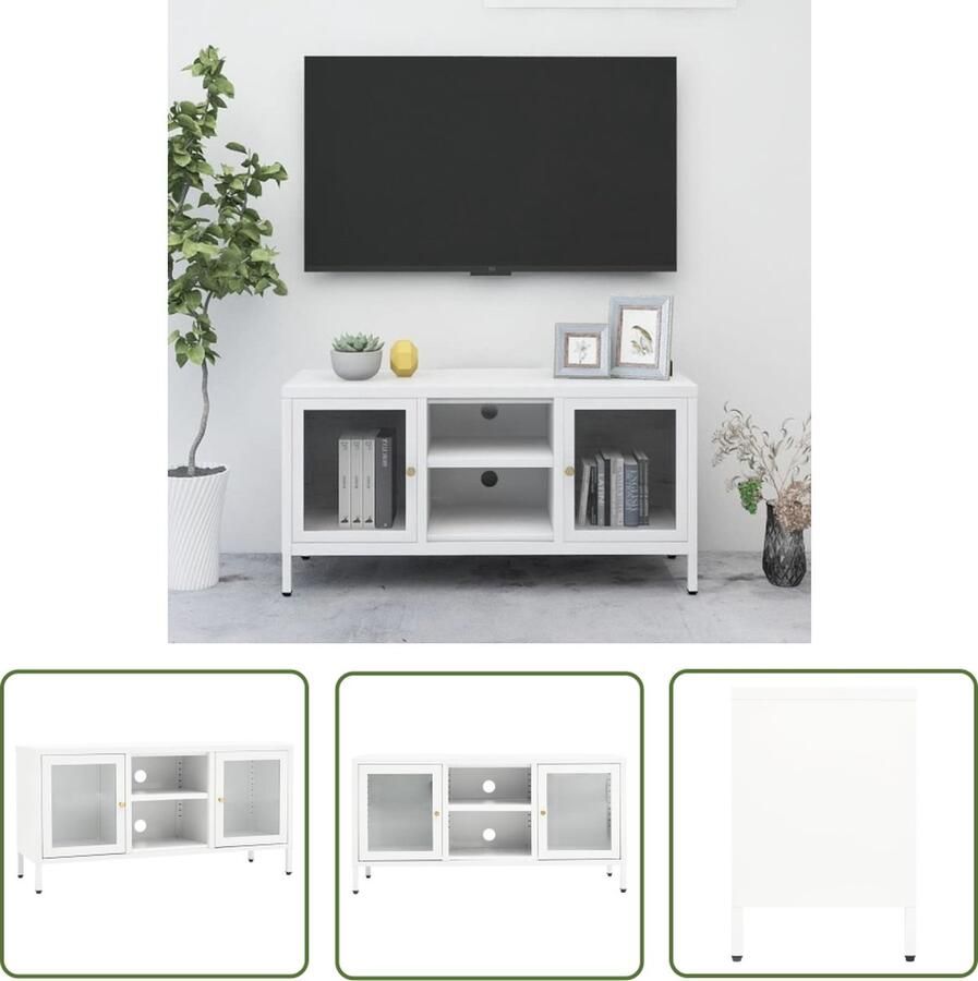 The Living Store televisiekast wit 105 x 35 x 52 cm stalen constructie Televisie Kast Tv Meubel Salontafel Witte Tv Kast Metalen Tv Kast - Foto 2