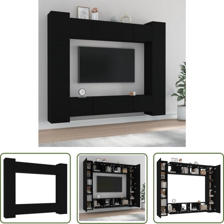 The Living Store vidaXL Tv-meubel Televisiemeubel 8-delige Tv-meubelset bewerkt hout zwart Wandmontage Zwarte Tv-standaard Houten Tv-meubel - Foto 2