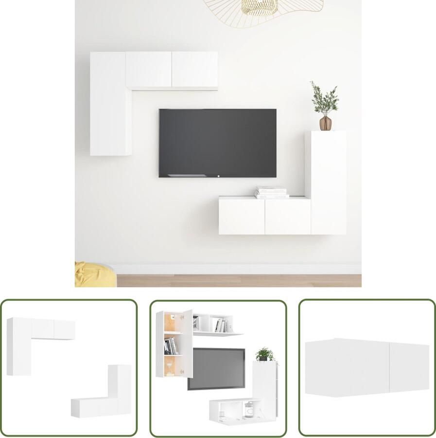 The Living Store Televisiewandmeubel Set van 4 Wit Spaanplaat 80x30x30cm 30.5x30x90cm Televisiescherm Tv-meubel Wandmontage Saloninrichting Houten Tv-stand - Foto 2