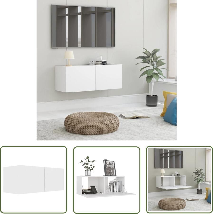 The Living Store Televisiekast Trendy Wandbevestigbaar 80 x 30 x 30 cm Wit Neerklapbare deuren Montage vereist Bewerkt hout Televisiescherm Tv-meubel Tv-kasten Media Kast Salontafel - Foto 2