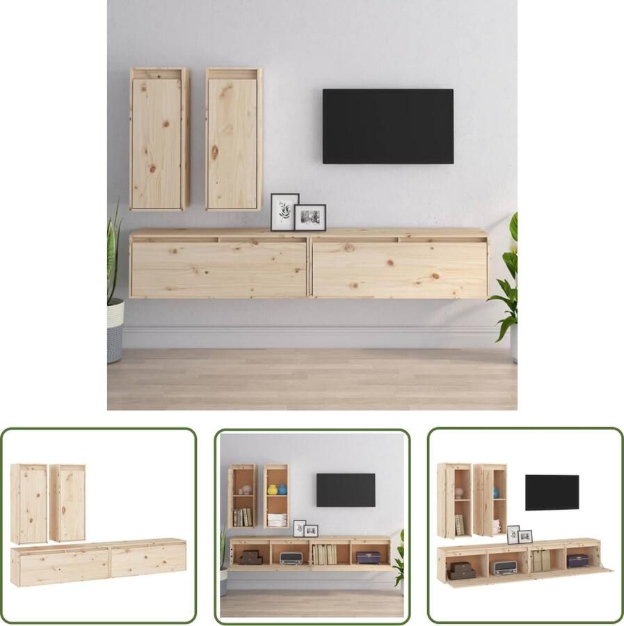 The Living Store Televisiemeubel Klassiek Massief grenenhout Set van 2 100x30x35cm 30x30x80cm Televisiescherm Tv Meubel Houten Tv Stand Grenoblehouten Tv Unit Tv Kast - Foto 2