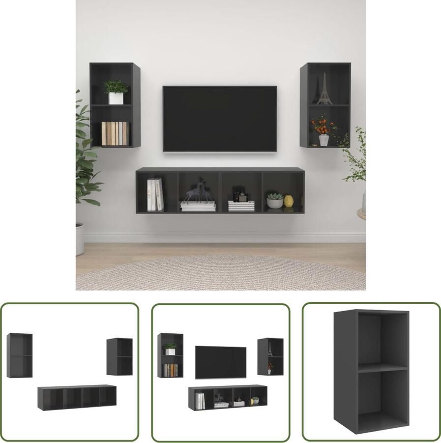 The Living Store Televisiewandmeubelset Hoogglans grijs 37 x 37 x 72 cm 4 x tv-meubel Televisiescherm Tv-meubel Tv-kast Salontafel Livingroom Decor - Foto 2
