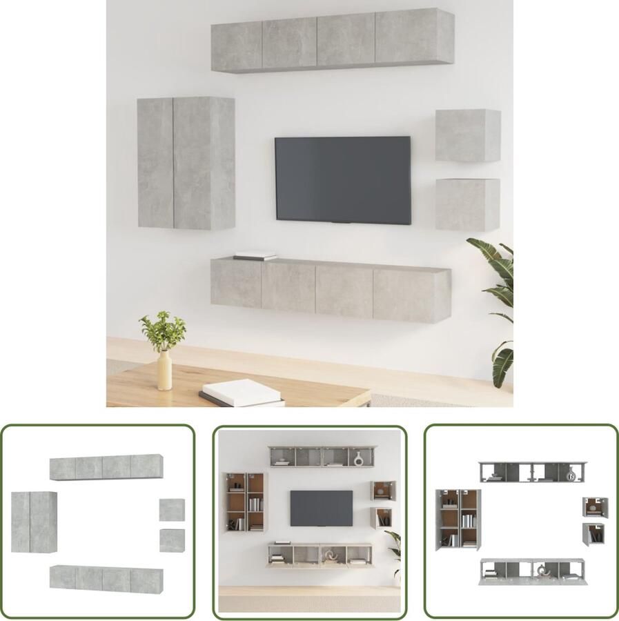 The Living Store Televisiemeubelset betongrijs 4x 80 x 30 x 30 cm 2x 30.5 x 30 x 90 cm 2x 30.5 x 30 x 30 cm Televisiesecretaris Tv Meubel Salontafel Wandmontage Beton Grijs - Foto 2
