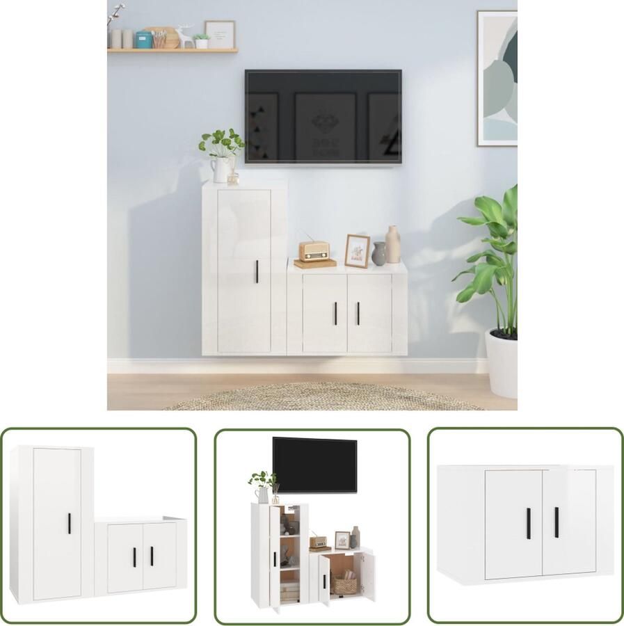 The Living Store Televisiekastenset Klassiek design Wandgemonteerd Stevig bewerkt hout Hoogglans wit 57x34.5x40cm 40x34.5x80cm Tv Kast Tv Meubel Houten Tv Kast Wandmontage Tv Kast Hoogglans Wit - Foto 2