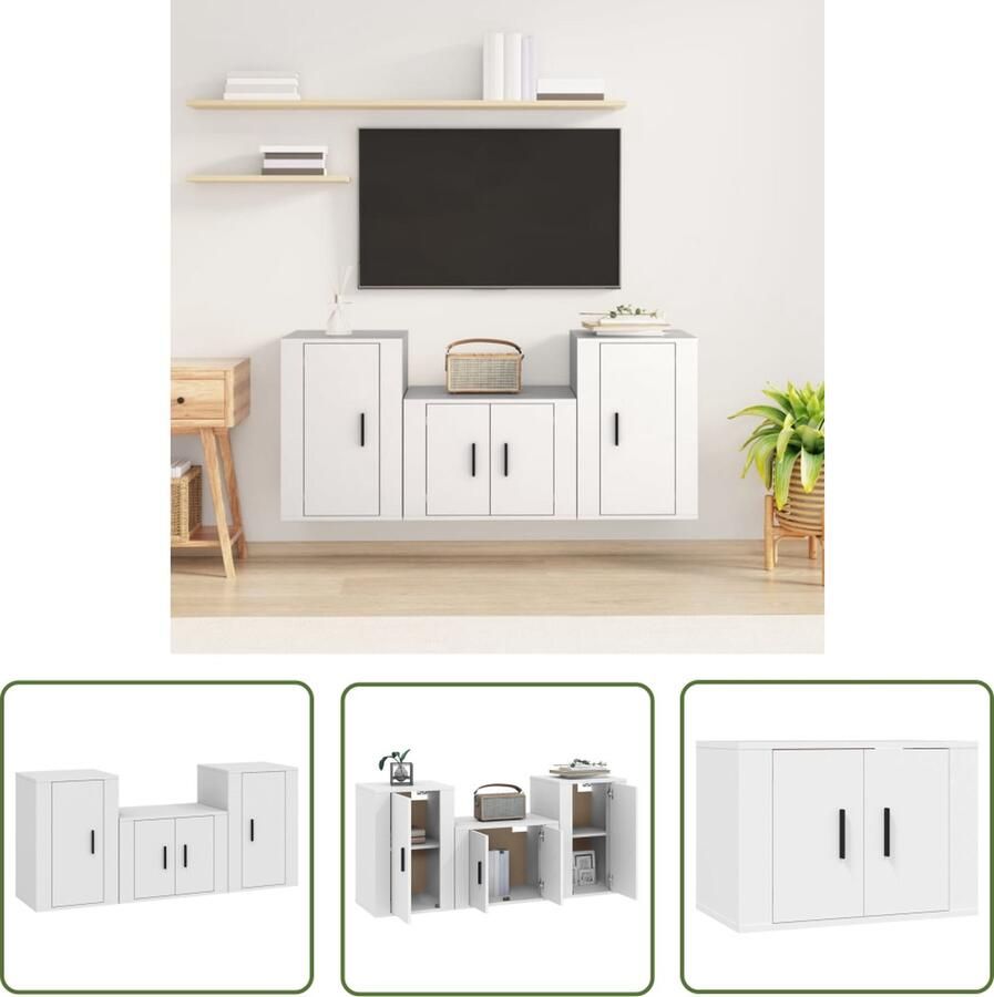 The Living Store Tv-meubelset Klassiek ontwerp Wandgemonteerd 3-delige set Wit Tv Kast Tv Meubel Houten Tv Kast Wandmontage Tv Kast Wit Tv Kast - Foto 2