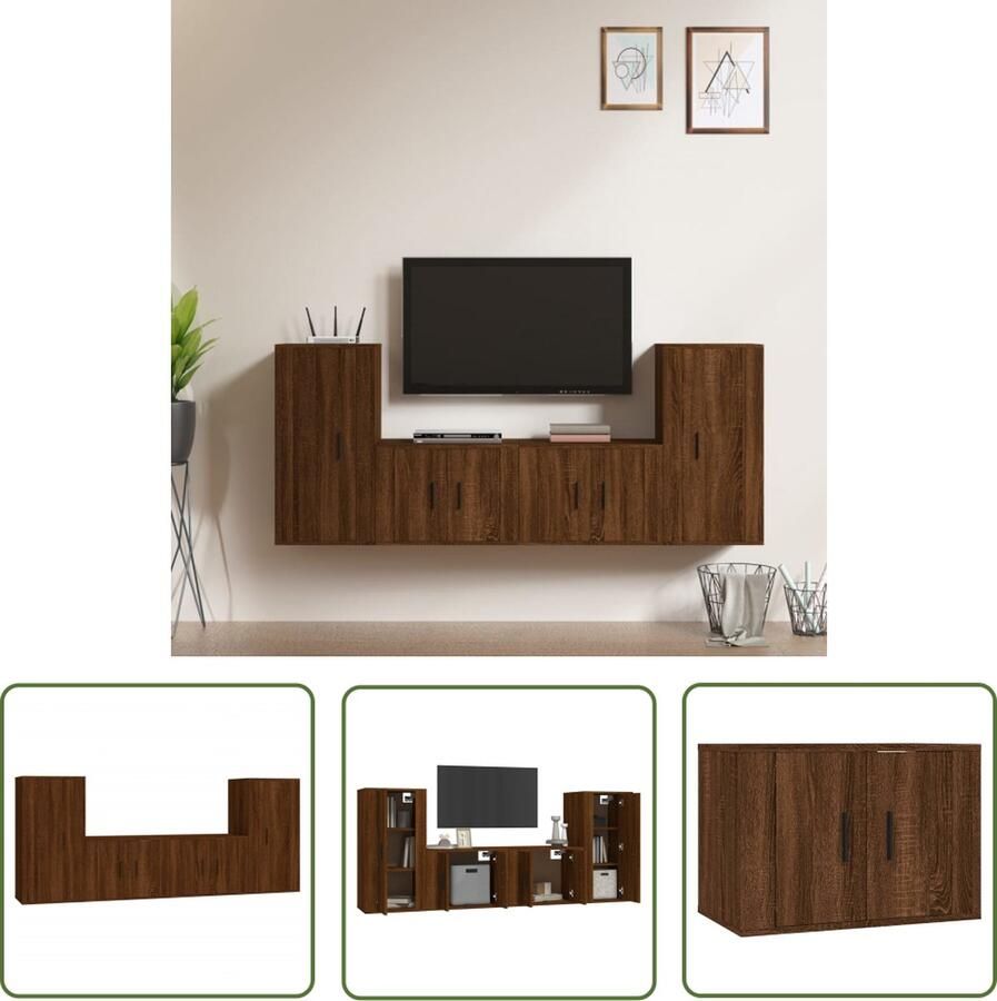 The Living Store vidaXL Tv Meubel Tv Kast 4-delige Tv-meubelset bewerkt hout bruin eikenkleur Houten Tv Kast Retro Tv Kast Salontafel - Foto 2