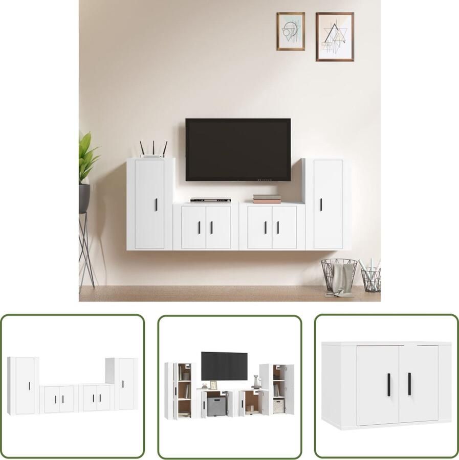 The Living Store TV-meubelset Klassiek design Wandgemonteerd Hoge kwaliteit Wit 4 stuks (57x34.5x40cm 40x34.5x80cm) TV Kast Tv Meubel Houten Tv Kast Wandmontage Tv Kast Wit Tv Kast - Foto 2