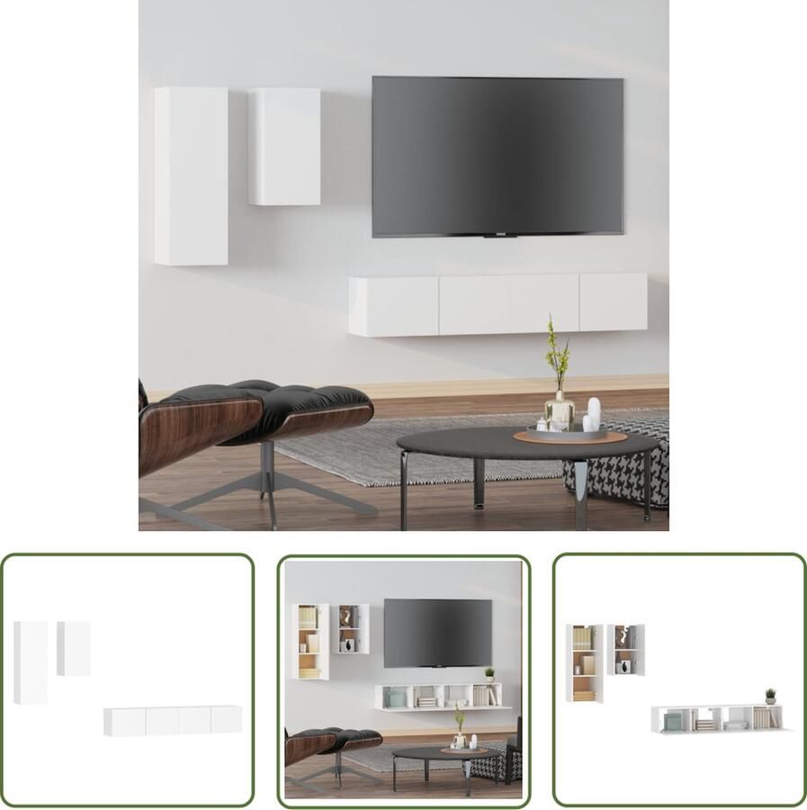 The Living Store TV-meubelset klassiek design opbergruimte wandgemonteerd wit bewerkt hout 30.5 x 30 x 90 cm 30.5 x 30 x 60 cm 80 x 30 x 30 cm TV Kast Tv Meubel Houten Tv Stand Wandmontage Tv Kast Wit Tv Meubel - Foto 2
