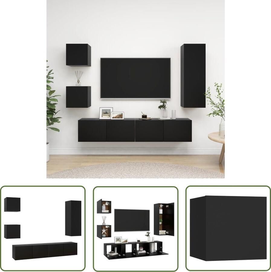 The Living Store TV-meubelset zwart spaanplaat 1x 30.5x30x90 cm 2x 80x30x30 cm 2x 30.5x30x30 cm Tv Kast Tv Meubel Wandmontage Houten Tv Kast Zwart Tv Meubel - Foto 2