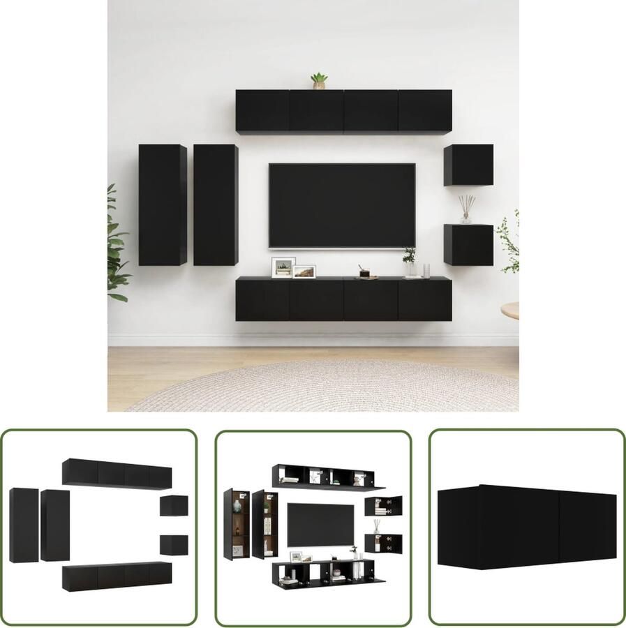 The Living Store vidaXL Tv Meubel Tv Kast 8-delige Tv-meubelset bewerkt hout zwart Wandmontage Tv Houten Tv Kast Zwart Tv Kast - Foto 2