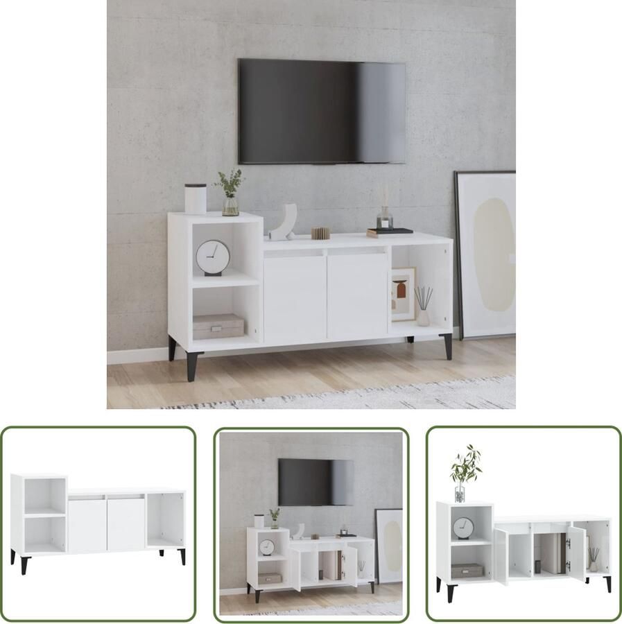 The Living Store TV-kast Klassiek Stereokast Afmetingen- 100 x 35 x 55 cm Ken- Hoogglans wit Tv Kast Tv Meubel Stereo Kast Houten Tv Kast Witte Tv Kast - Foto 2