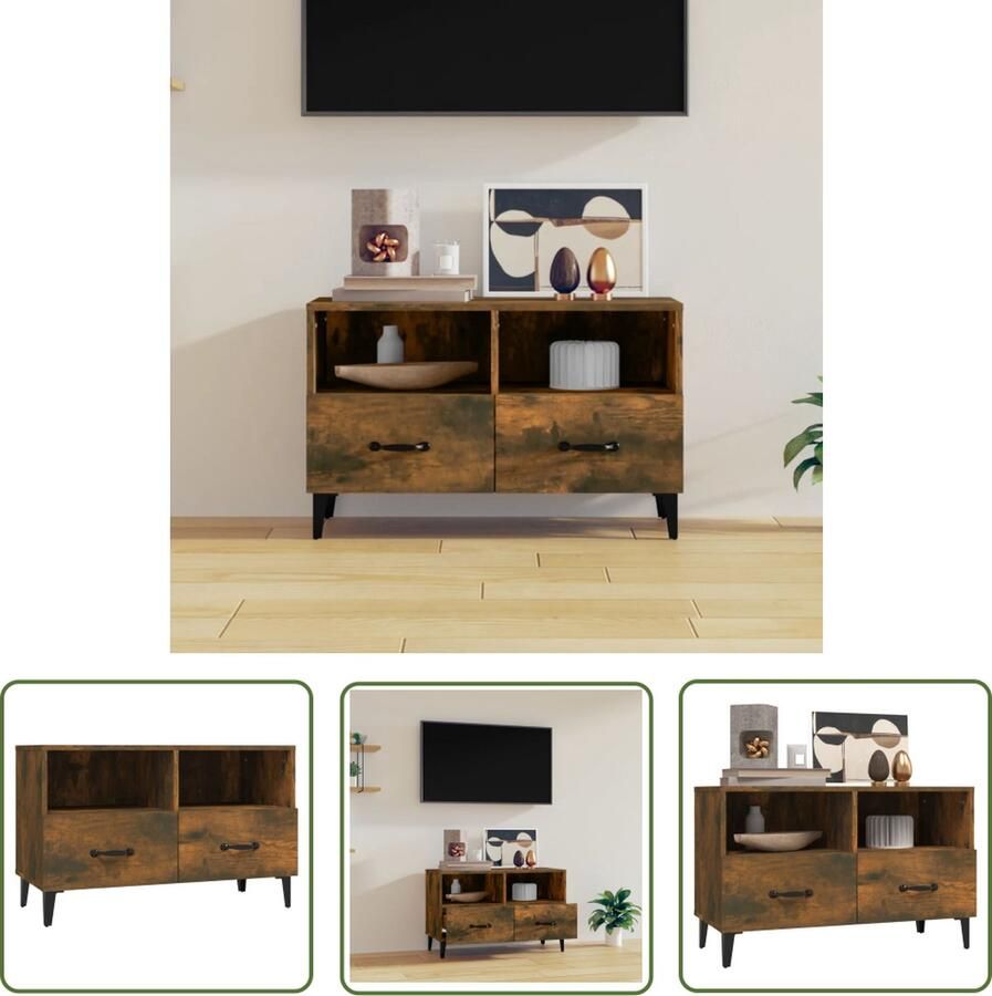 The Living Store Tv-meubel Industrial Gerookt eiken 80x36x50 cm Bewerkt hout Vochtbestendig Tv Kast Tv Meubel Hifi Kast Media Kast Houten Tv Kast - Foto 2