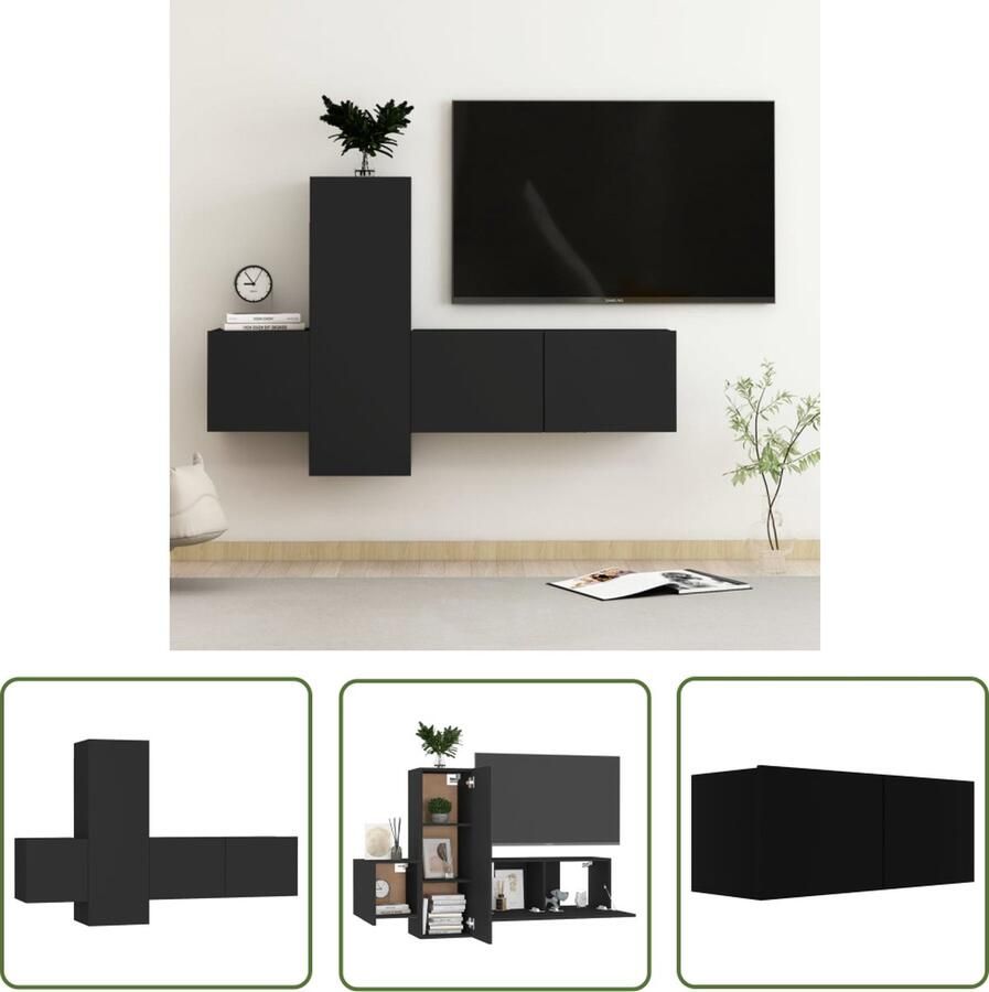 The Living Store vidaXL Tv Meubels Televisiescherm 3-delige Tv-meubelset bewerkt hout zwart Salontafel Zwarte Tv Stand Houten Tv Kast - Foto 2