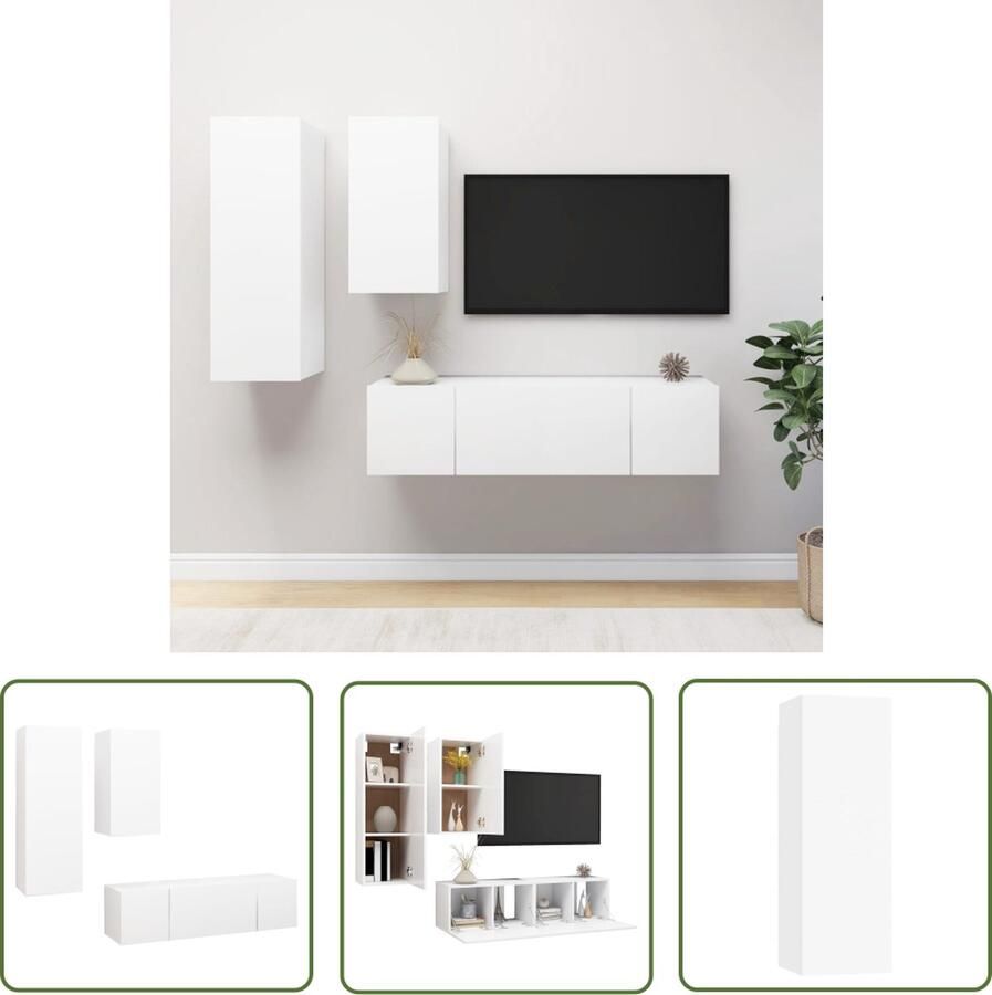The Living Store vidaXL Tv Meubels Tv Kasten 4-delige Tv-meubelset bewerkt hout wit Wandmontage Tv Kast Set Living Room Furniture - Foto 2