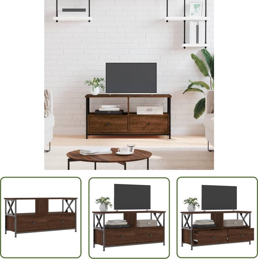 The Living Store vidaXL Tv-meubel 90x33x45 cm bewerkt hout en ijzer bruin eikenkleur Industriele Tv Kast Tv Meubilair Houten Tv Stand Televisiescherm Standaard Bergruimte - Foto 2