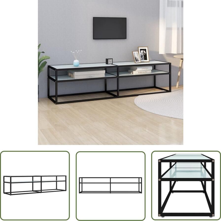 The Living Store Televisiekast Stereokast 160x40x40.5cm Zwart-witmarmer Gehard glas en gepoedercoat staal Televisie Kast Tv Meubilair Tv Stand Mediabox Videowerkbank