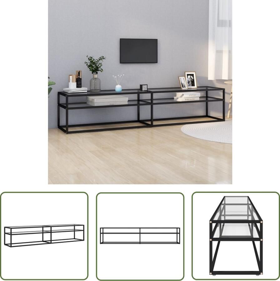The Living Store Televisiekast Stereokast 200 x 40 x 40.5 cm Zwart Gehard glas en gepoedercoat staal Televisie Kast Tv Meubilair Mediabox Videowerkbank Opbergkast - Foto 2